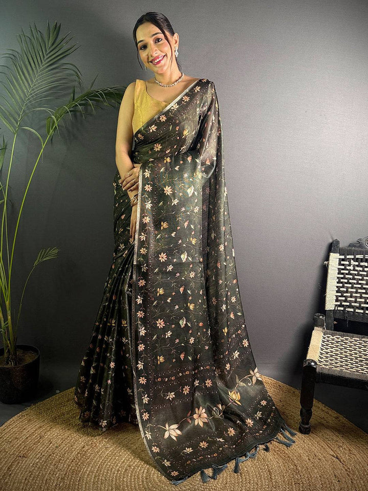 Black Soft Silk Saree with Pastel Floral Print & Designer Tassel Border