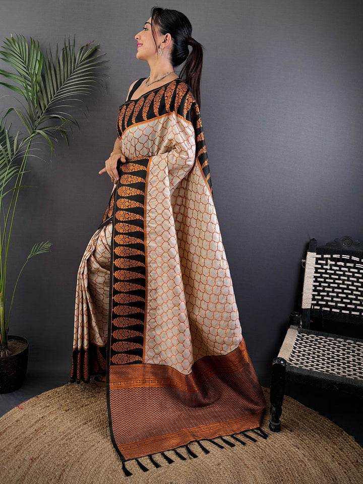 Cream & Black Soft Silk Saree with Orange Floral Weaving and Geometric Print