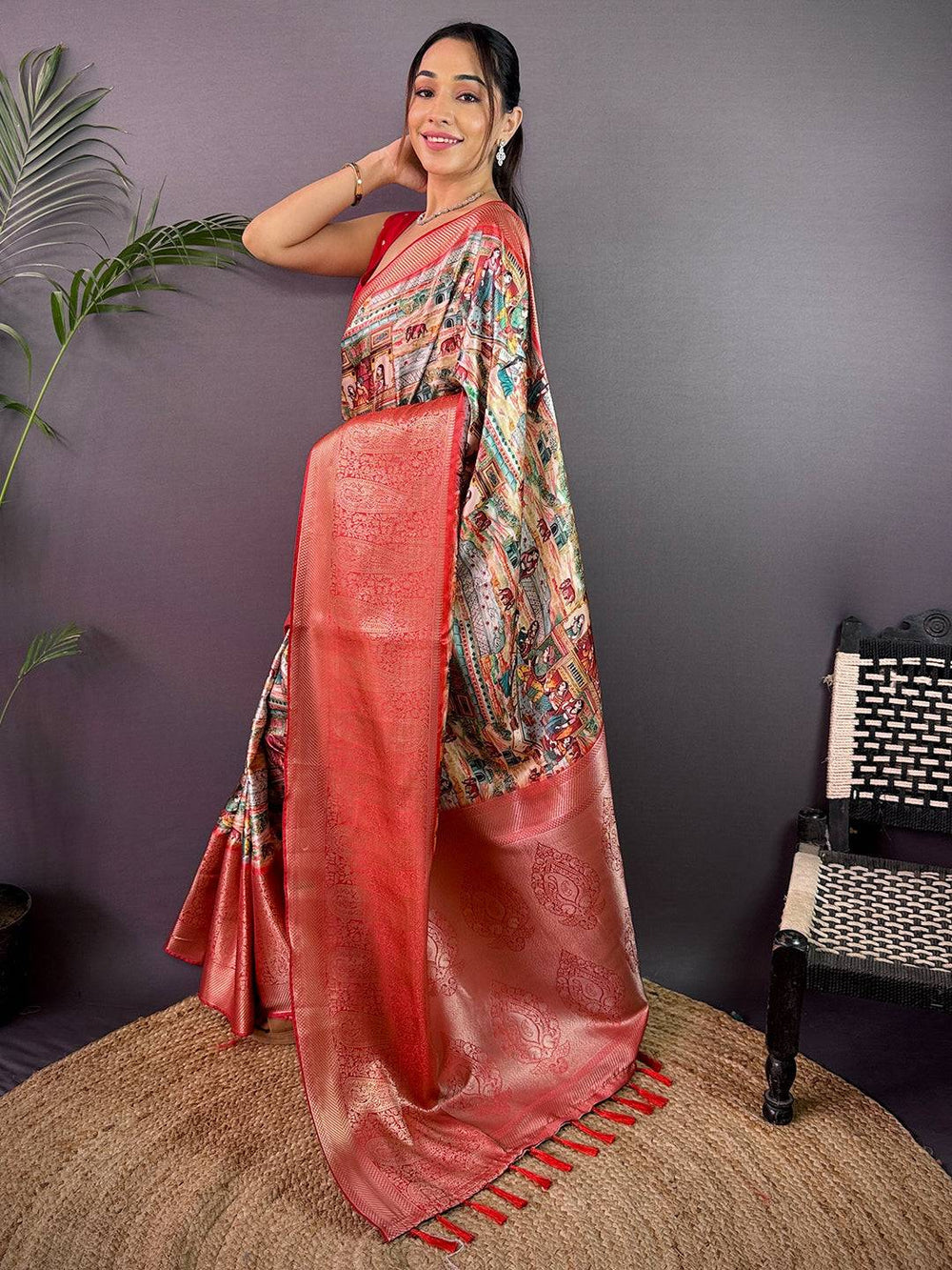 Coral Red Soft Silk Saree with Rich Zari Weaving & Artistic Digital Print Pallu