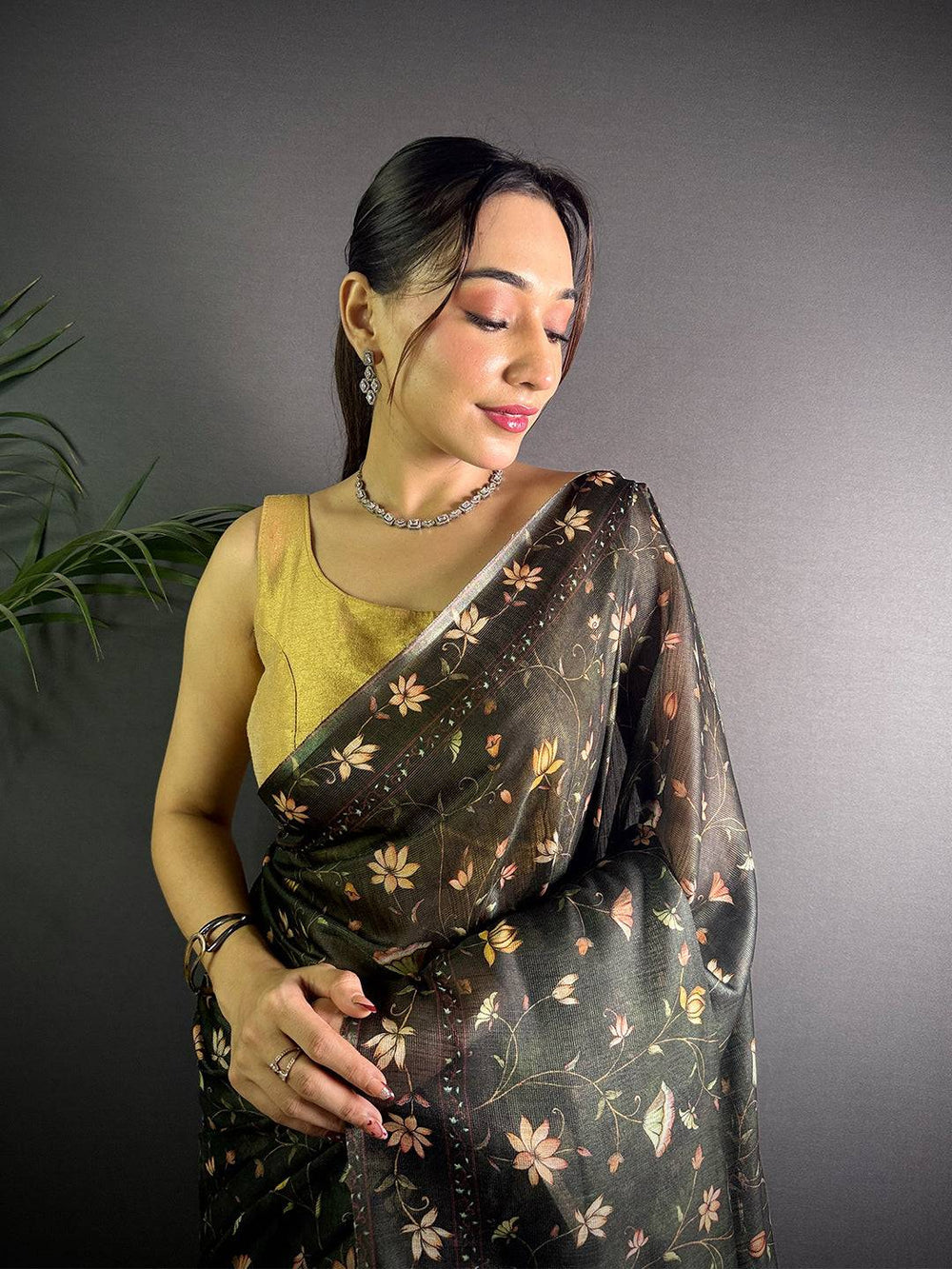 Black Soft Silk Saree with Pastel Floral Print & Designer Tassel Border