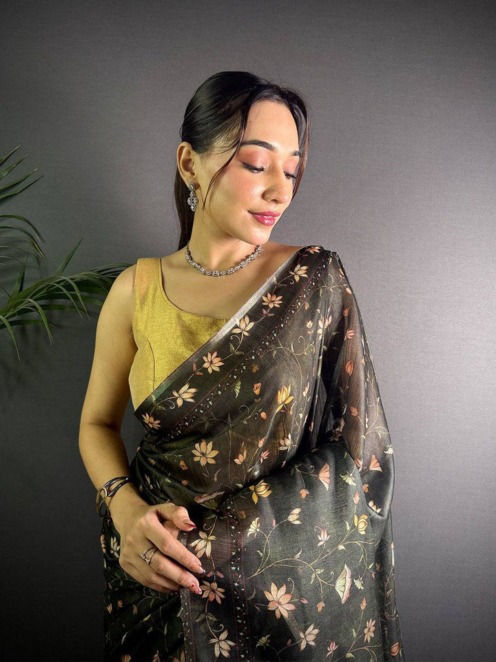 Black Soft Silk Saree with Pastel Floral Print & Designer Tassel Border