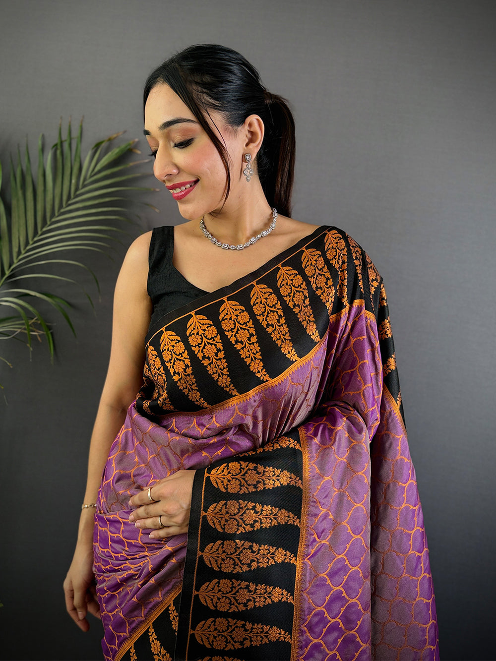 Purple & Black Banarasi Silk Saree with Gold Weaving Border
