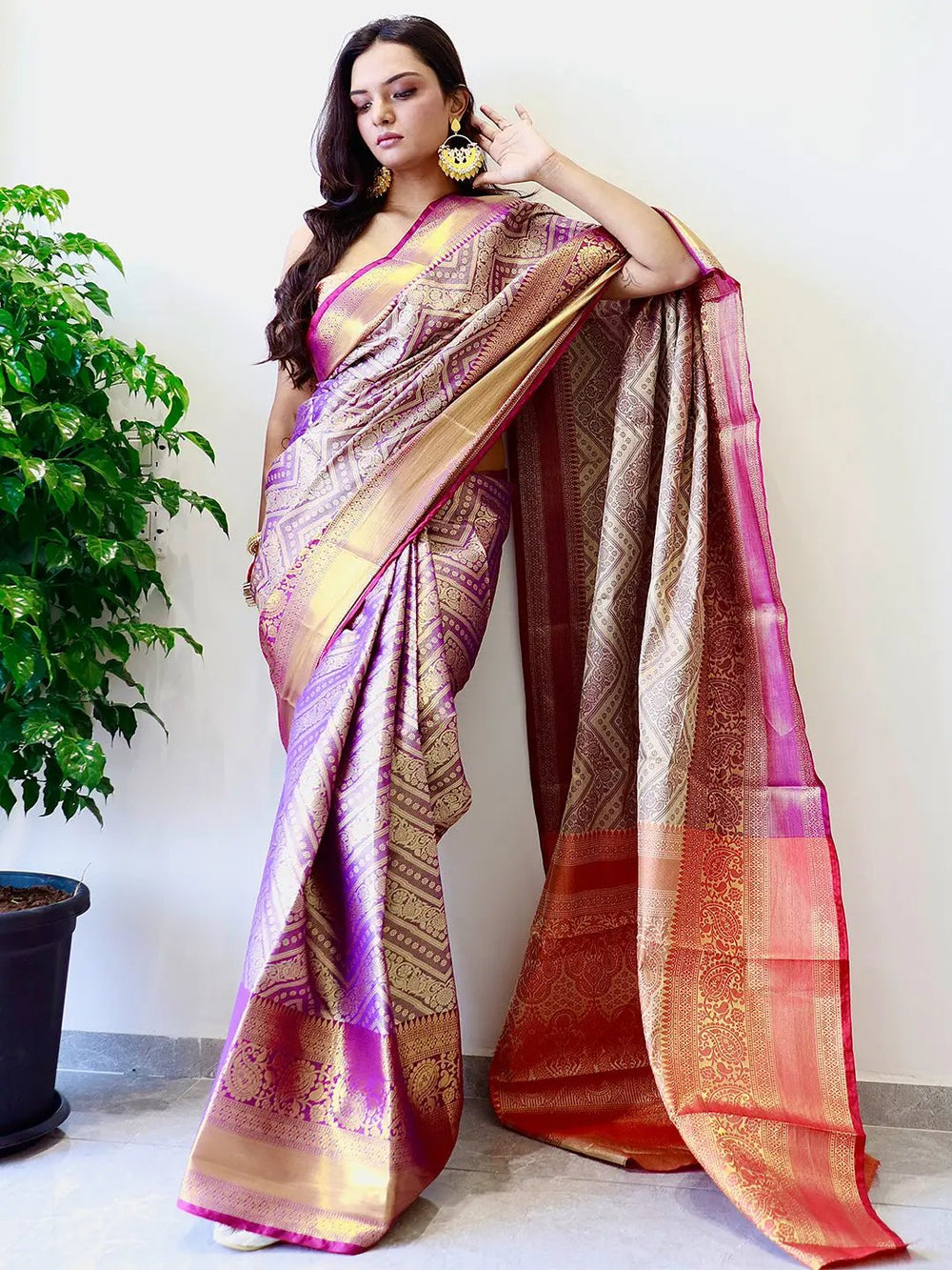 Purple & Gold Banarasi Silk Saree with Intricate Zari Weaving and Grand Border