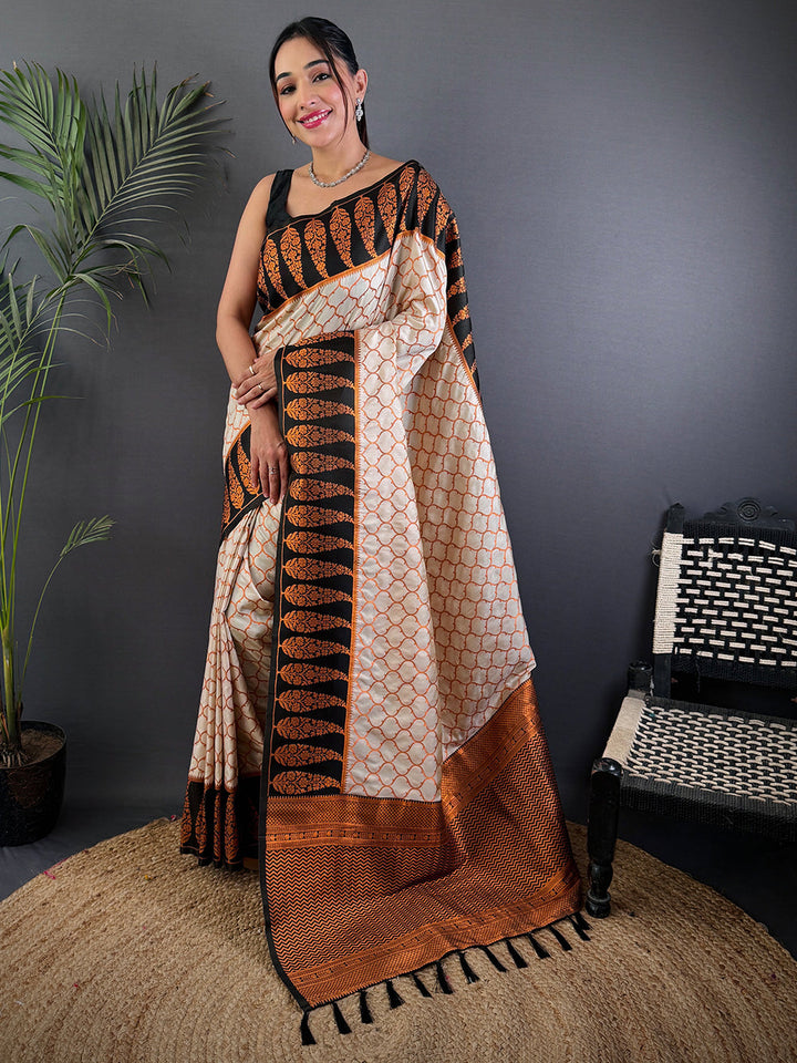 Cream & Black Soft Silk Saree with Orange Floral Weaving and Geometric Print