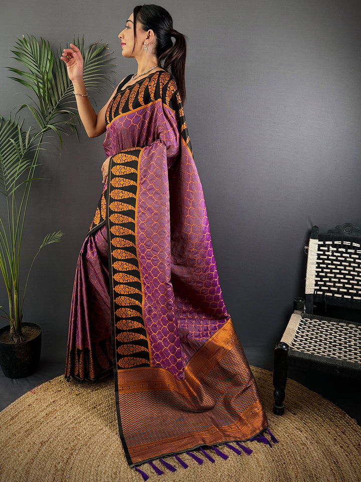 Purple & Black Banarasi Silk Saree with Gold Weaving Border