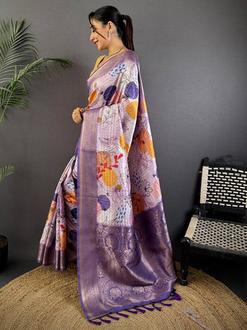 Lavender Soft Silk Saree with Abstract Digital Print & Woven Zari Border