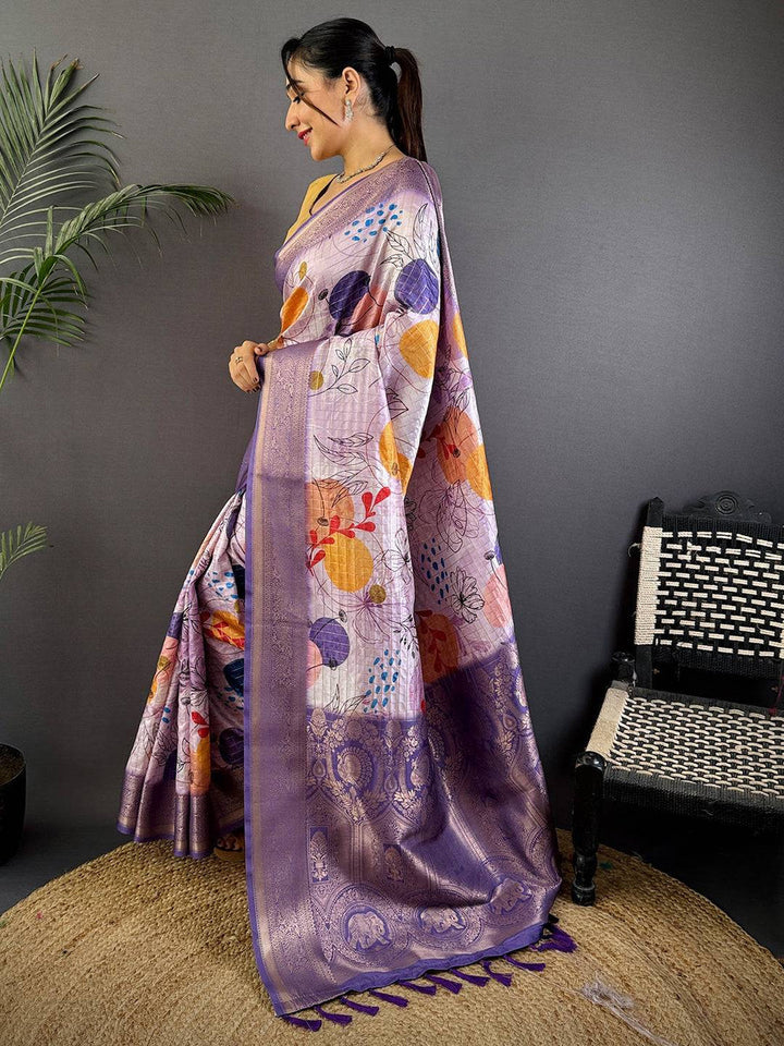 Lavender Soft Silk Saree with Abstract Digital Print & Woven Zari Border