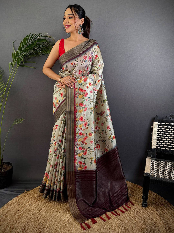 Beige Floral Soft Silk Saree with Maroon Woven Border & Tassels