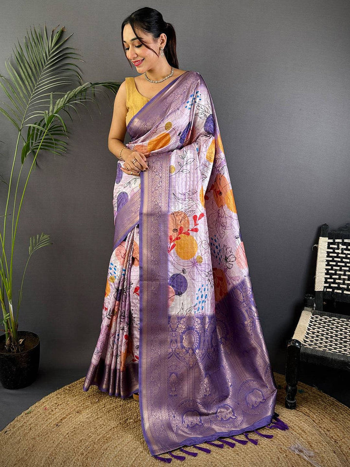 Lavender Soft Silk Saree with Abstract Digital Print & Woven Zari Border