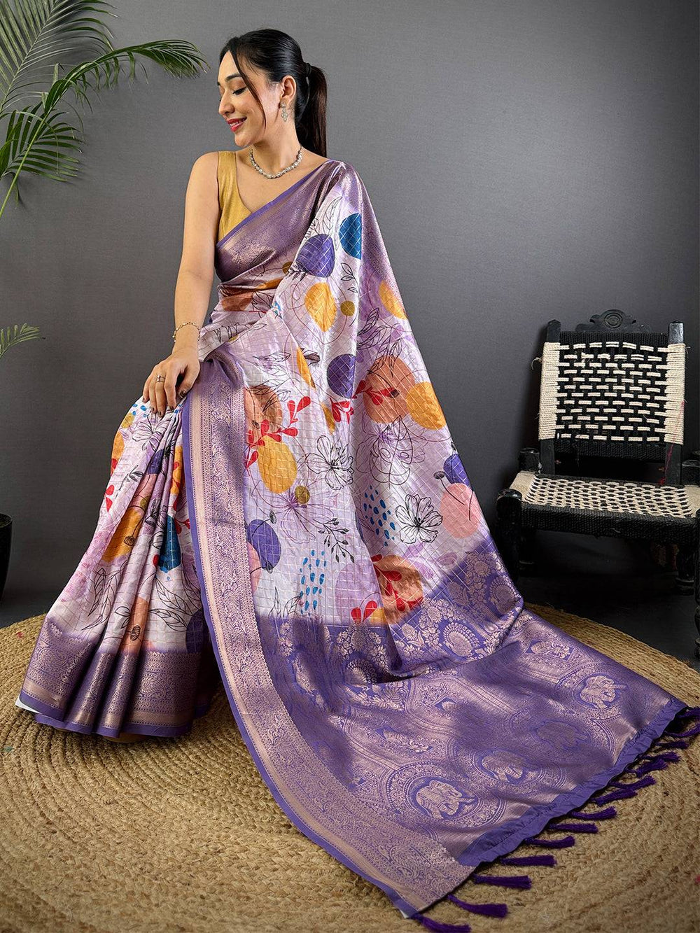 Lavender Soft Silk Saree with Abstract Digital Print & Woven Zari Border