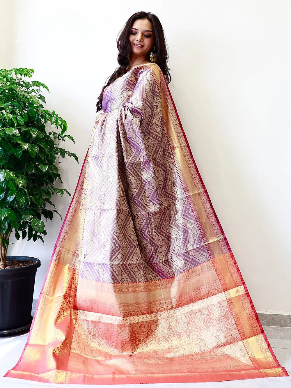 Purple & Gold Banarasi Silk Saree with Intricate Zari Weaving and Grand Border