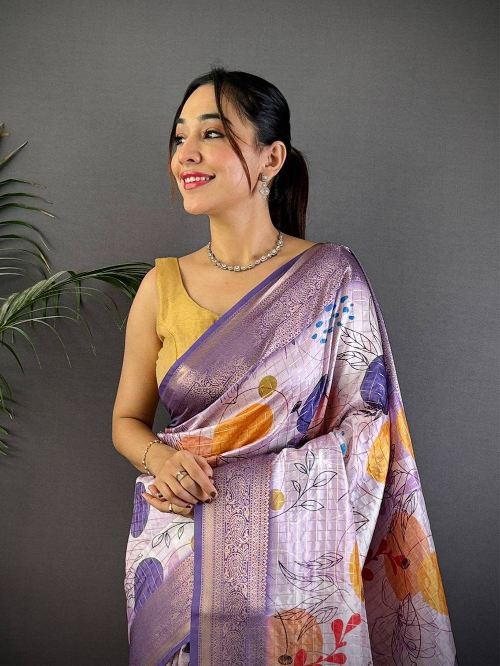 Lavender Soft Silk Saree with Abstract Digital Print & Woven Zari Border