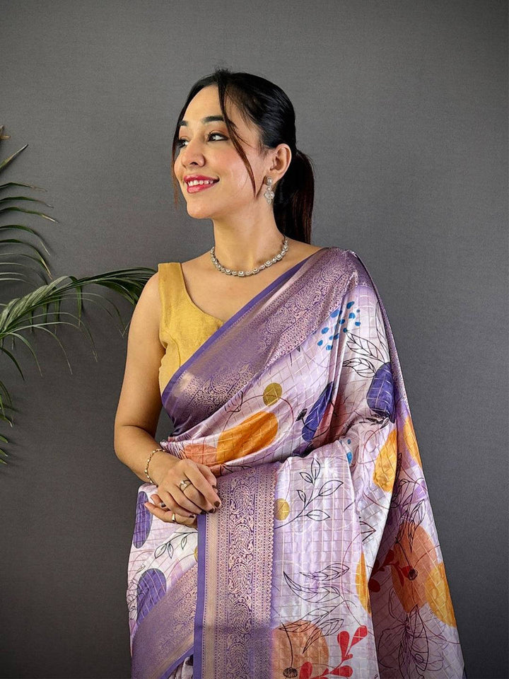 Lavender Soft Silk Saree with Abstract Digital Print & Woven Zari Border