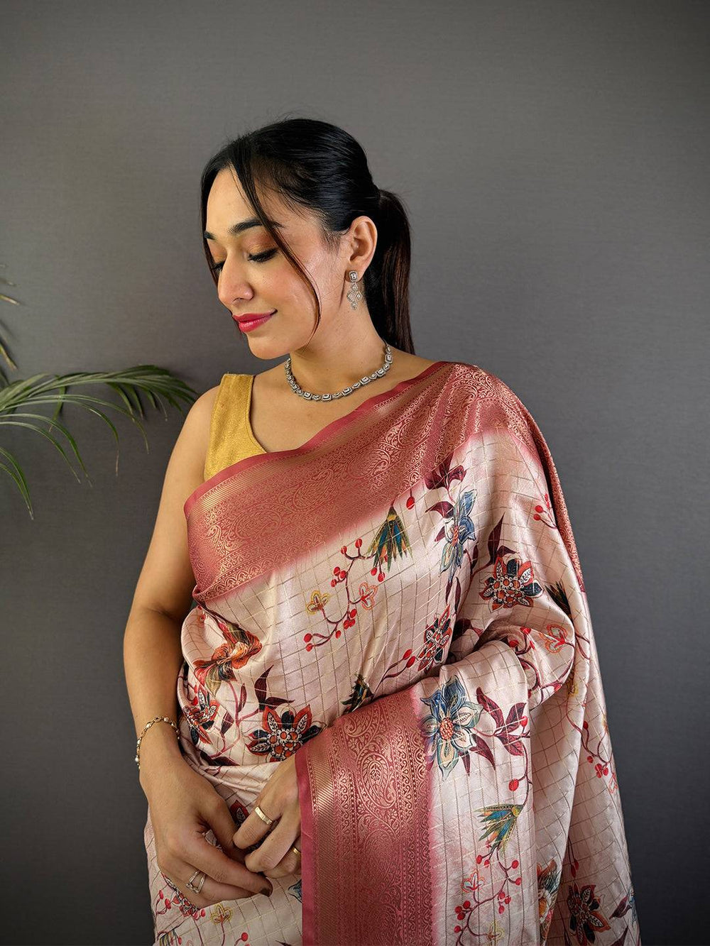 Peach Soft Silk Saree with Floral Weaving & Rich Zari Border
