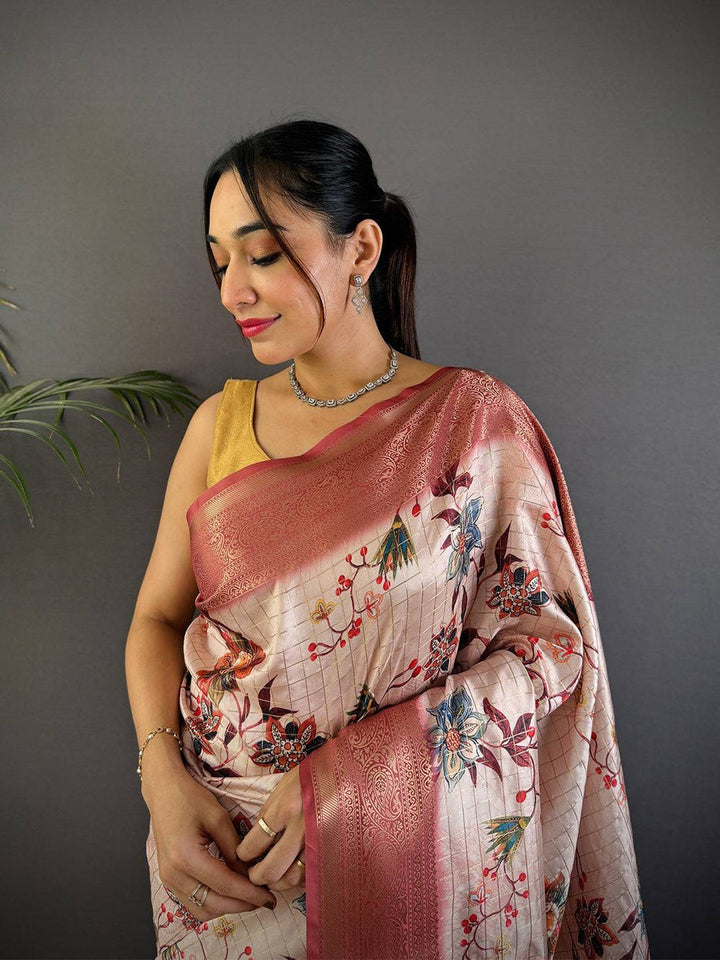 Peach Soft Silk Saree with Floral Weaving & Rich Zari Border