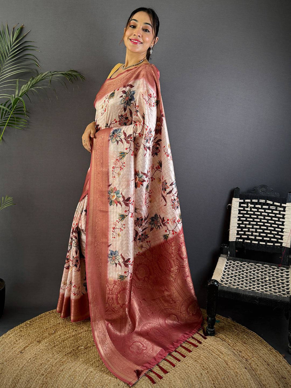 Peach Soft Silk Saree with Floral Weaving & Rich Zari Border