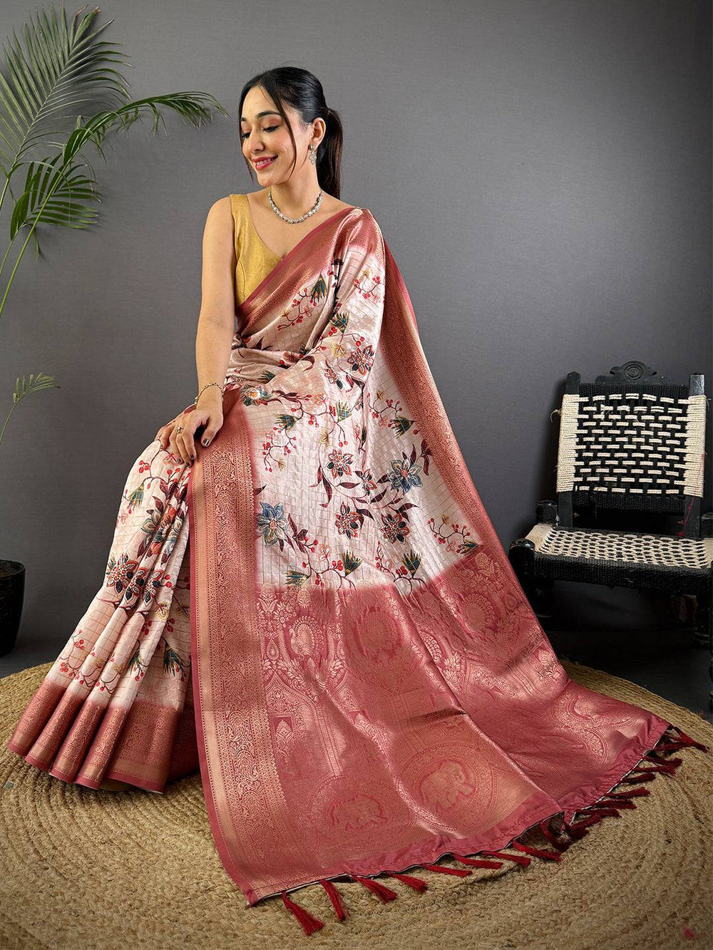 Peach Soft Silk Saree with Floral Weaving & Rich Zari Border