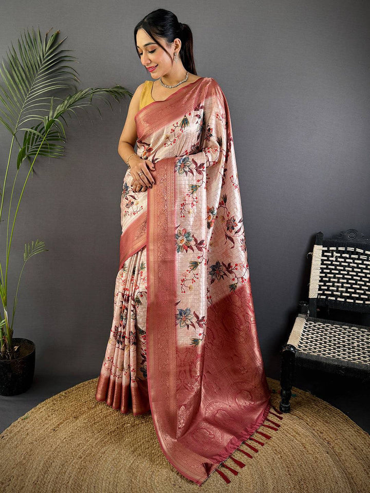 Peach Soft Silk Saree with Floral Weaving & Rich Zari Border