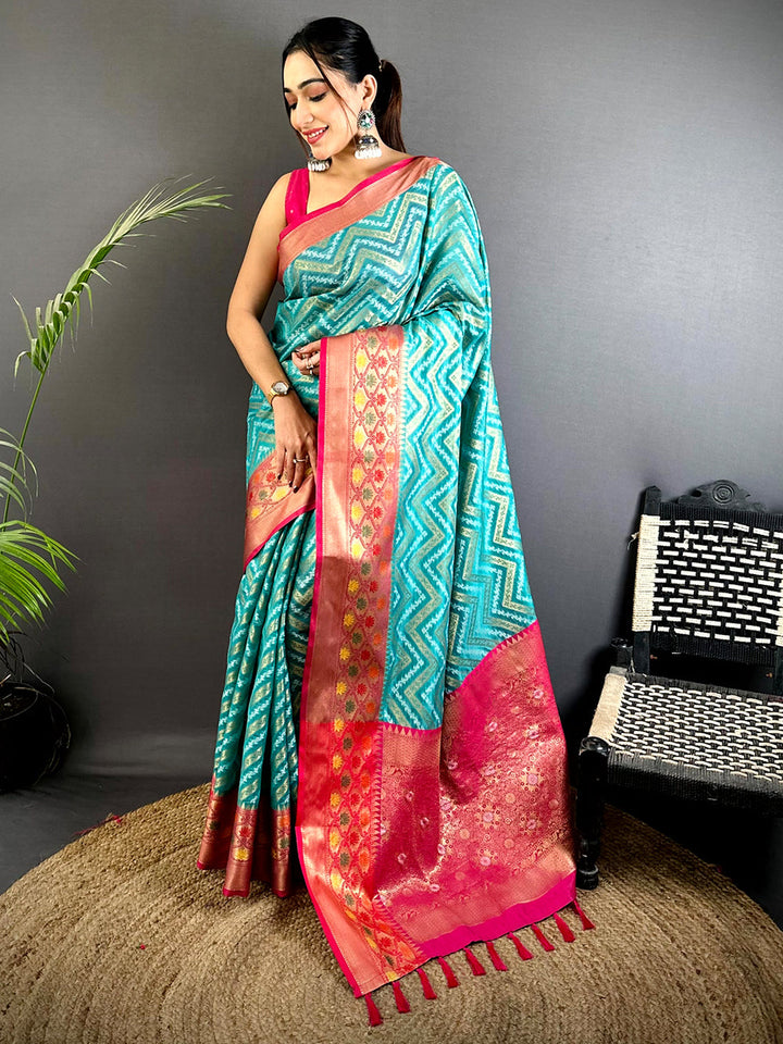 Teal Zigzag Soft Silk Saree with Pink Gold Zari Border & Tassel Pallu