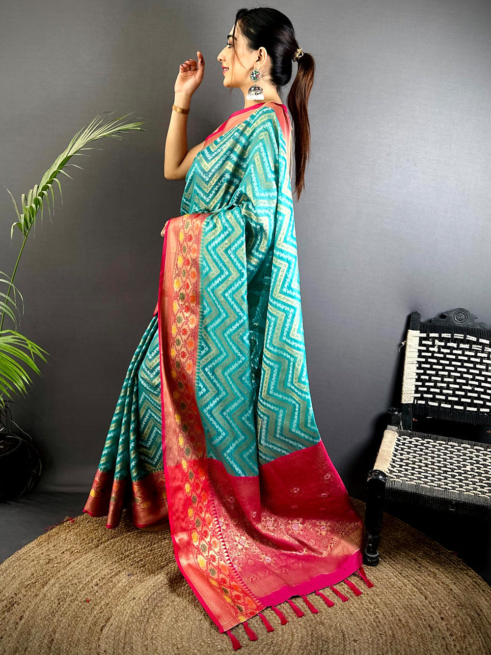 Teal Zigzag Soft Silk Saree with Pink Gold Zari Border & Tassel Pallu