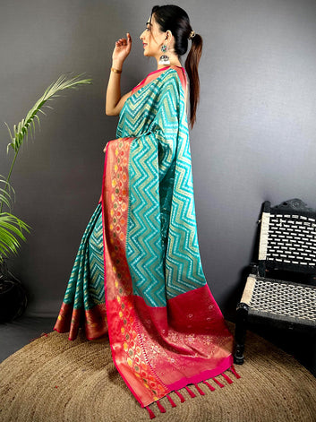 Teal Zigzag Soft Silk Saree with Pink Gold Zari Border & Tassel Pallu