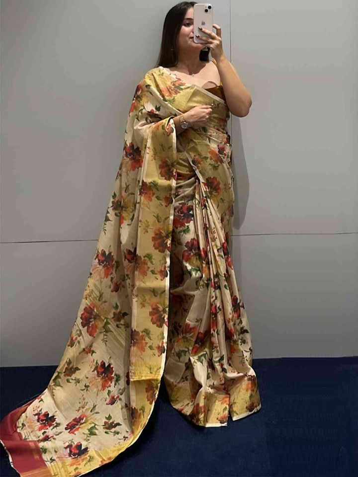 Beige Floral Printed Soft Silk Saree with Watercolor Bloom Design & Contrast Border