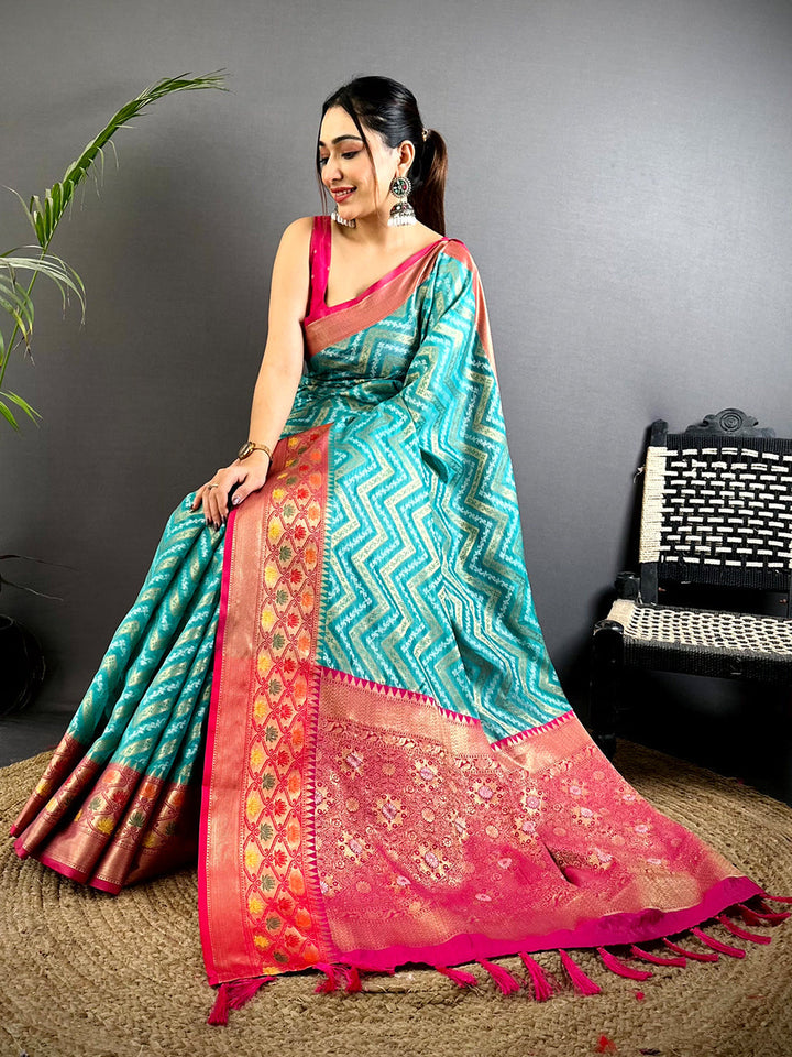 Teal Zigzag Soft Silk Saree with Pink Gold Zari Border & Tassel Pallu