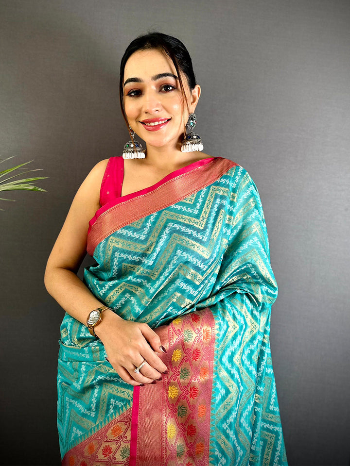 Teal Zigzag Soft Silk Saree with Pink Gold Zari Border & Tassel Pallu