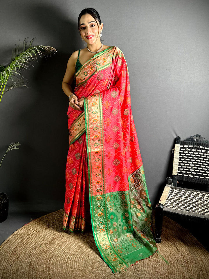 Red Patola Print Soft Silk Saree with Green Contrast Border & Pallu