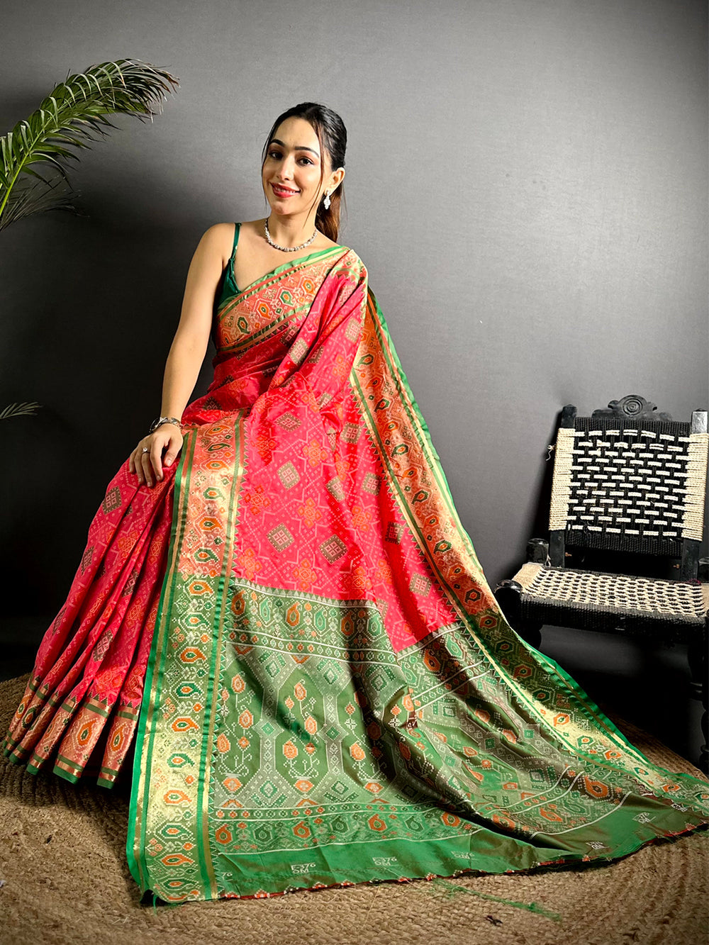 Red Patola Print Soft Silk Saree with Green Contrast Border & Pallu