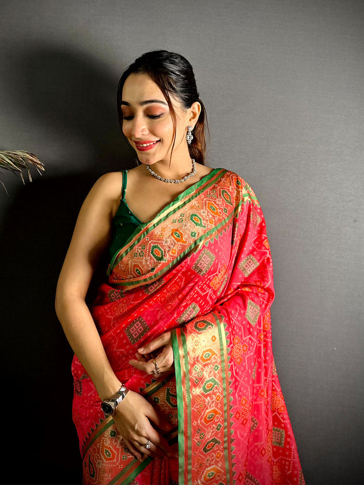 Red Patola Print Soft Silk Saree with Green Contrast Border & Pallu