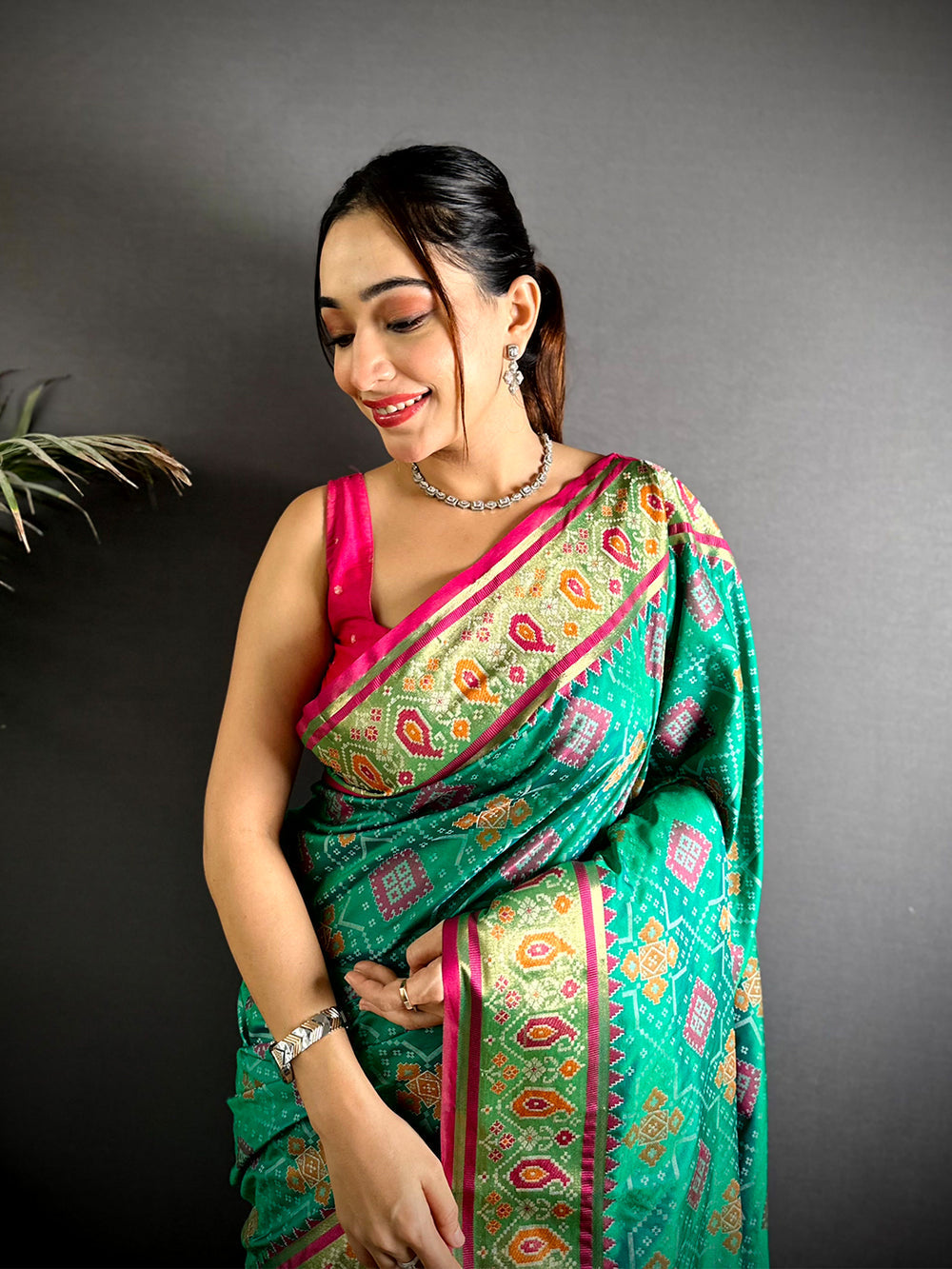 Green Patola Print Soft Silk Saree with Pink Contrast Border & Rich Zari Pallu