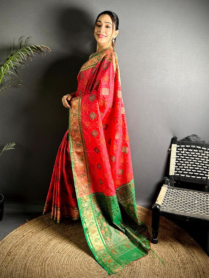 Red Patola Print Soft Silk Saree with Green Contrast Border & Pallu
