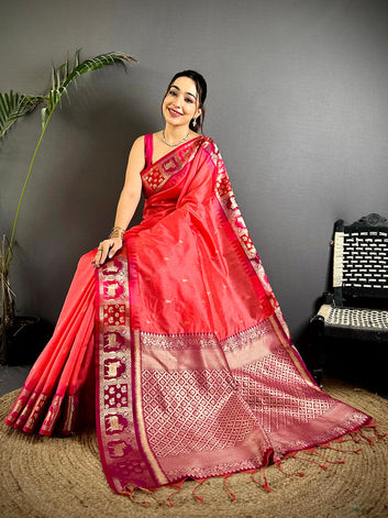 Pink Banarasi Soft Silk Saree with Gold Zari Weaving & Rich Traditional Border