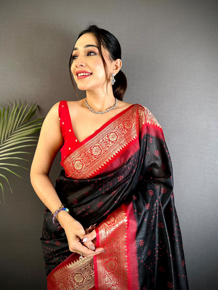 Black Soft Silk Saree with Red Border & Multicolor Patola Pallu