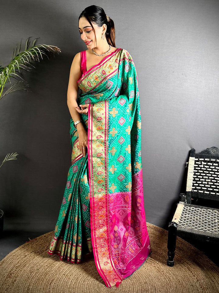 Green Patola Print Soft Silk Saree with Pink Contrast Border & Rich Zari Pallu
