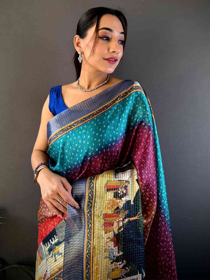Multicolor Printed Silk Saree with Village Theme Artwork & Rich Designer Pallu