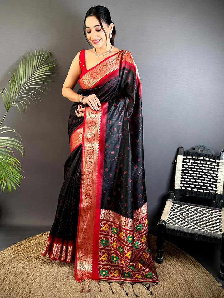 Black Soft Silk Saree with Red Border & Multicolor Patola Pallu
