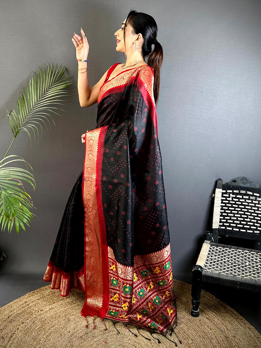 Black Soft Silk Saree with Red Border & Multicolor Patola Pallu