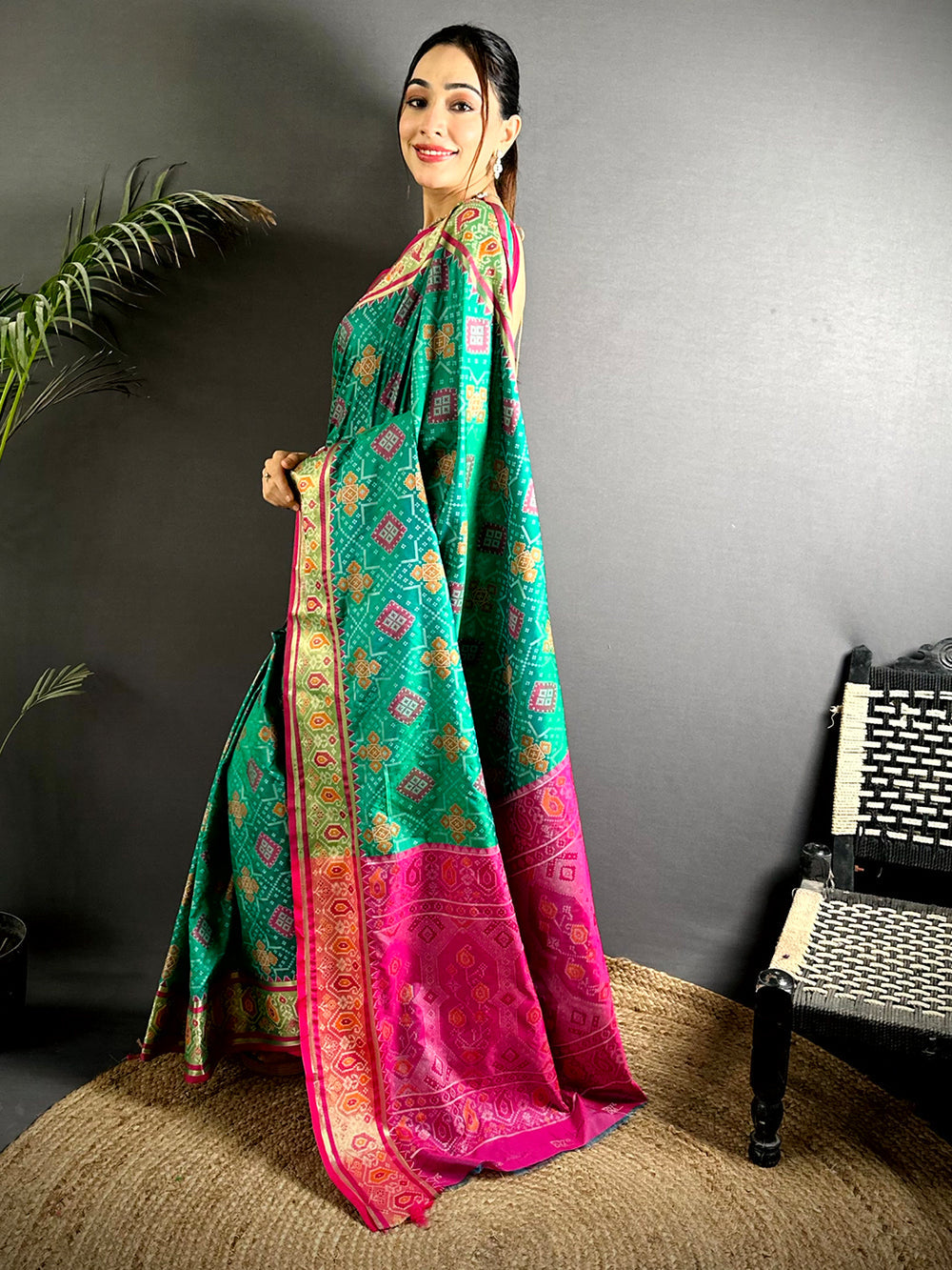 Green Patola Print Soft Silk Saree with Pink Contrast Border & Rich Zari Pallu