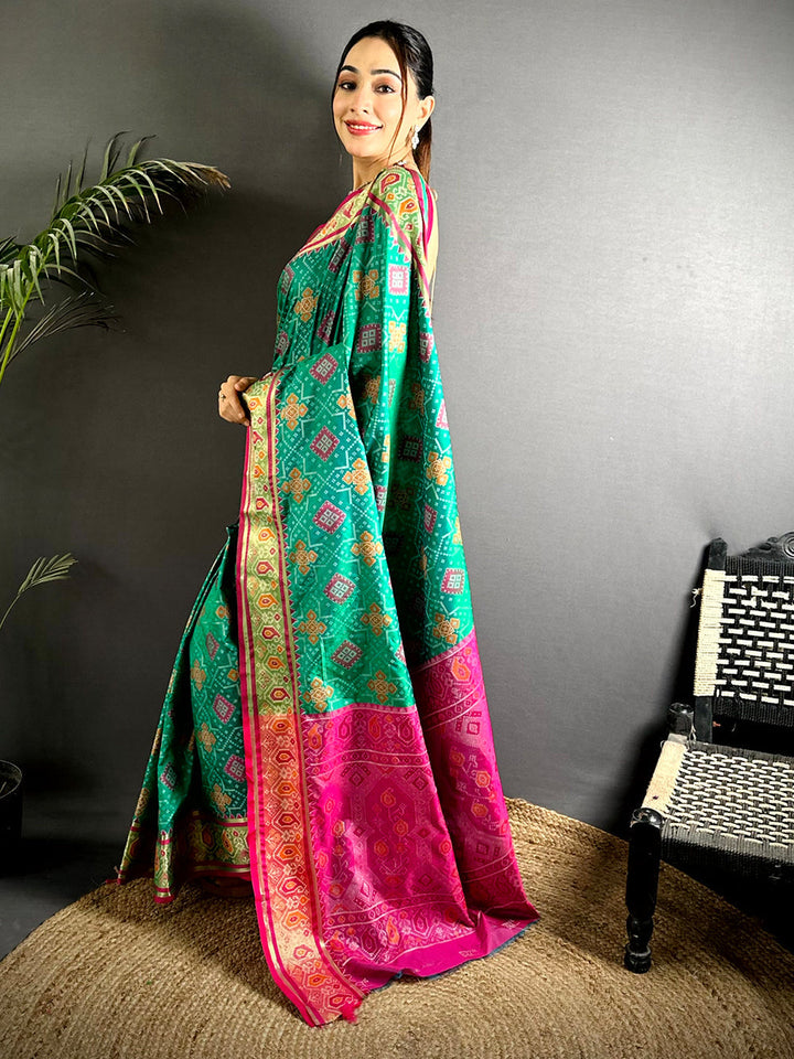 Green Patola Print Soft Silk Saree with Pink Contrast Border & Rich Zari Pallu