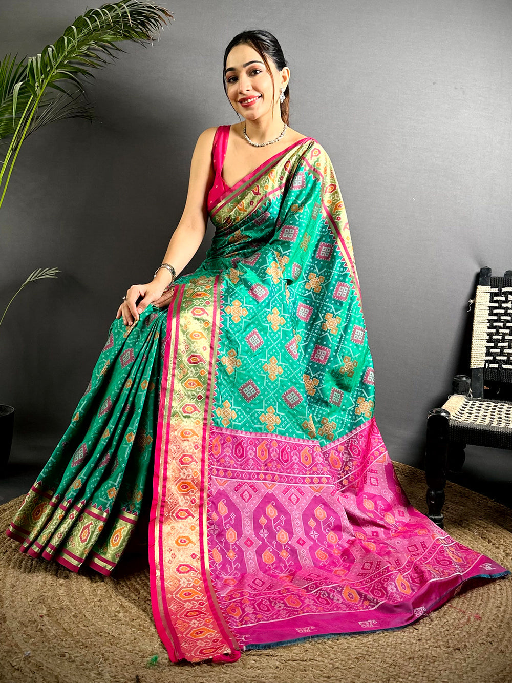 Green Patola Print Soft Silk Saree with Pink Contrast Border & Rich Zari Pallu