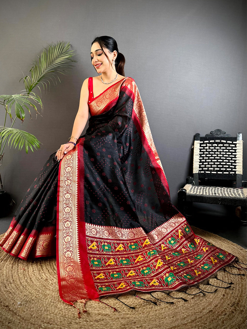 Black Soft Silk Saree with Red Border & Multicolor Patola Pallu