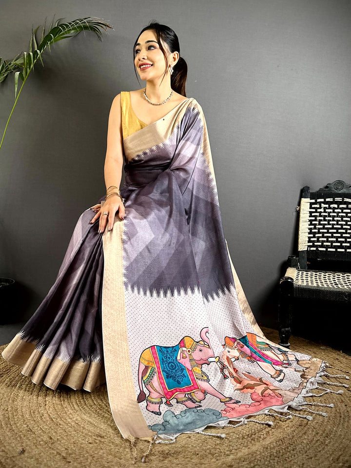 Grey Soft Silk Saree with Abstract Checks & Colorful Elephant Pallu
