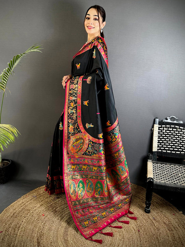 Black Banarasi Soft Silk Saree with Multicolor Meenakari Weaving & Pink Border