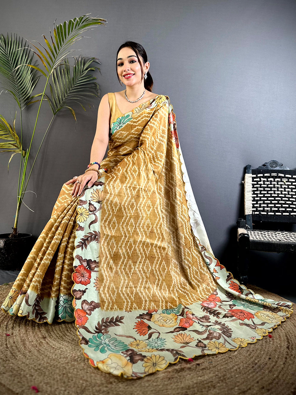 Mustard Soft Silk Saree with Ikat Weave & Pastel Floral Print Borders