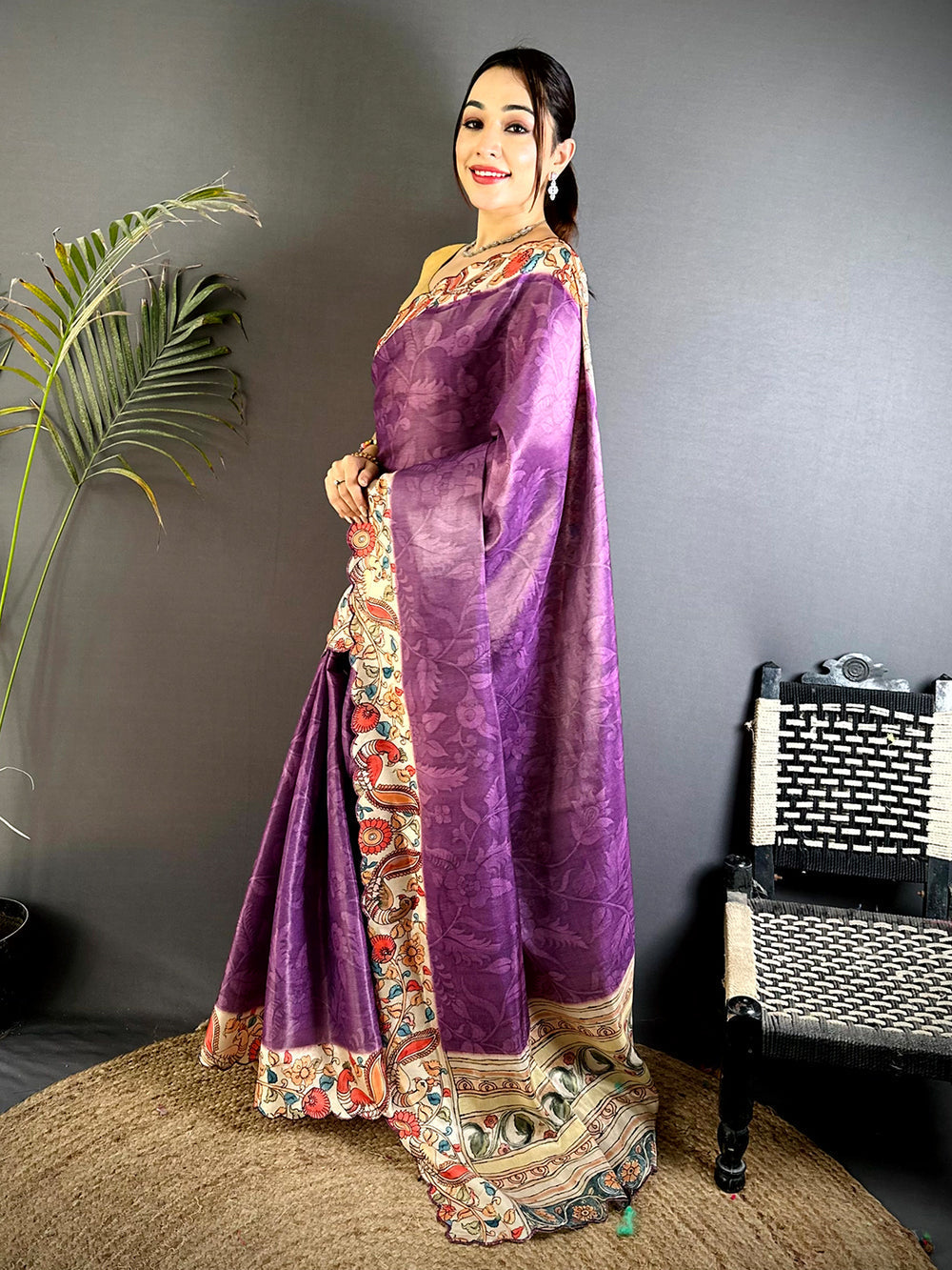 Purple Soft Silk Saree with Kalamkari Print Border & Pallu