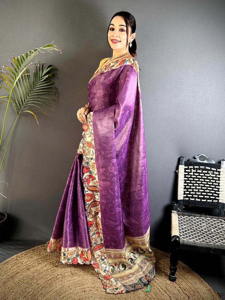 Purple Soft Silk Saree with Kalamkari Print Border & Pallu