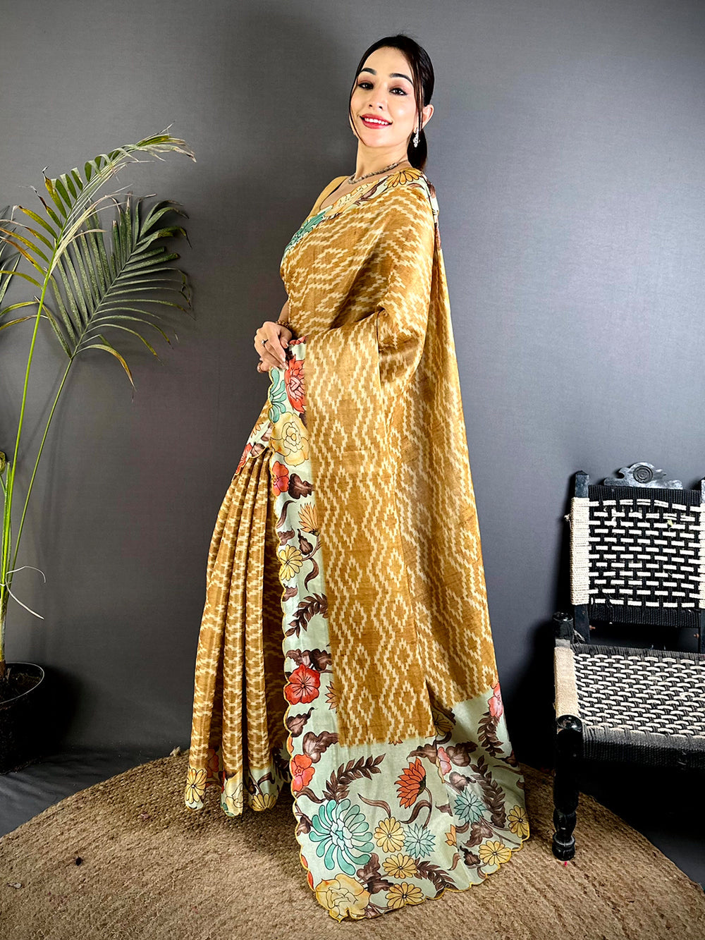 Mustard Soft Silk Saree with Ikat Weave & Pastel Floral Print Borders