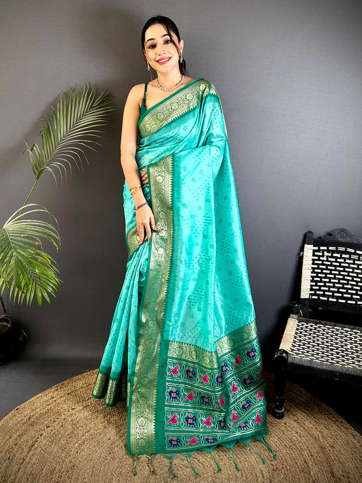 Sea Green Soft Silk Saree with Gold Zari Border & Multicolor Patola Pallu